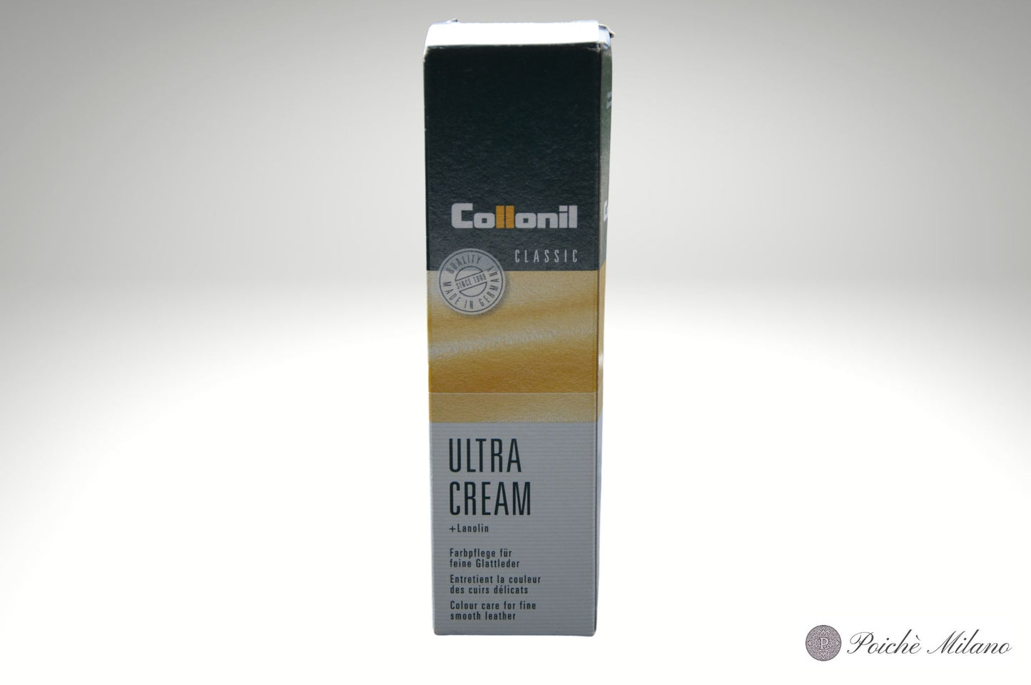 Confezione di Collonil Ultra Cream, su uno sfondo bianco con un delicato sfumatura di colore.